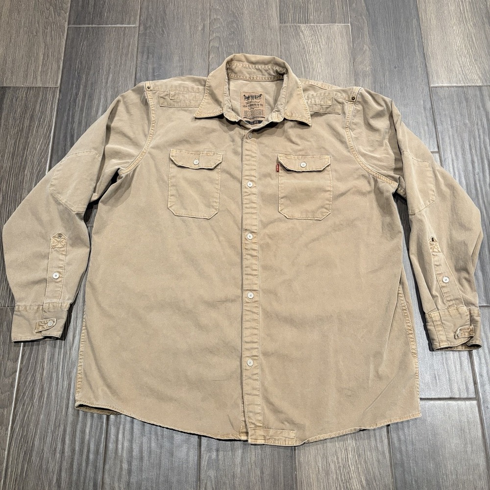 Levi's Shirt Men's XL Khaki Solid Long Sleeve Army Military Heavy Cotton Straps